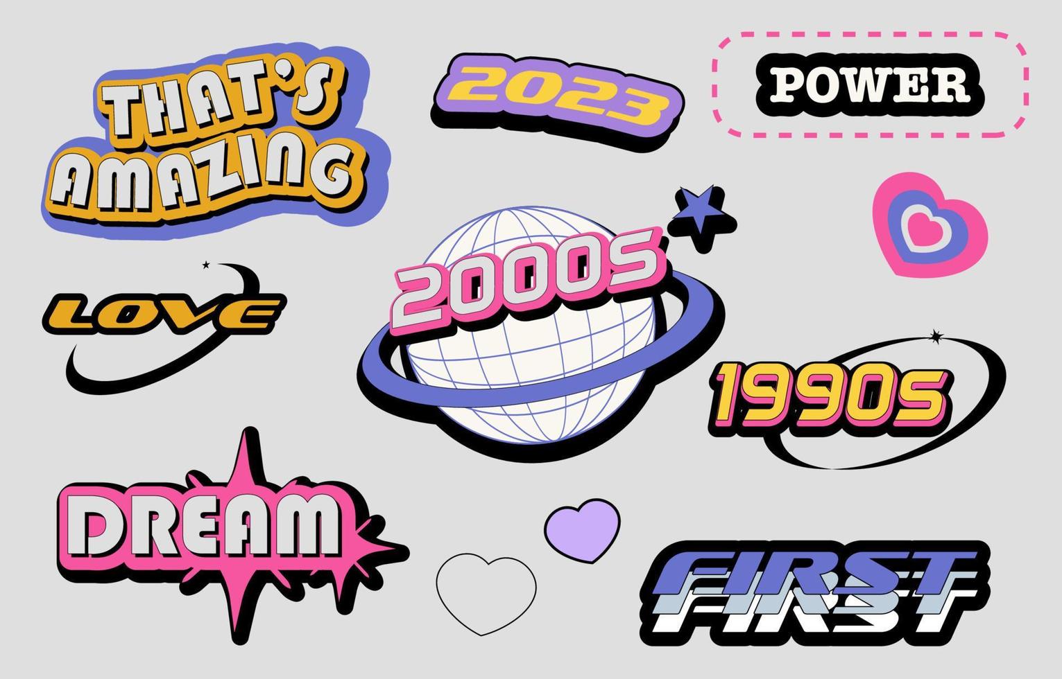 90s voorwerp ontwerp in knal en y2k stijl met emoji, ster, hart vector
