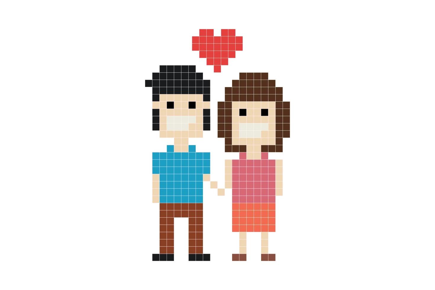 vector blij lief paar in liefde datum houden hand- samen rood hart pixel 8 beetje papier kunst kruis steek concept achtergrond Valentijn decoratie liefde paar ontwerp voor Valentijn dag liefde paar 8 bit