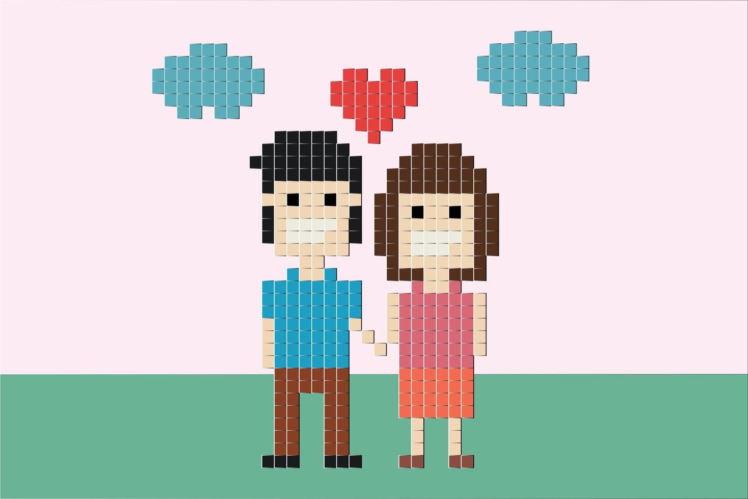 vector blij lief paar in liefde datum houden hand- samen rood hart pixel 8 beetje papier kunst kruis steek concept achtergrond Valentijn decoratie liefde paar ontwerp voor Valentijn dag liefde paar 8 bit