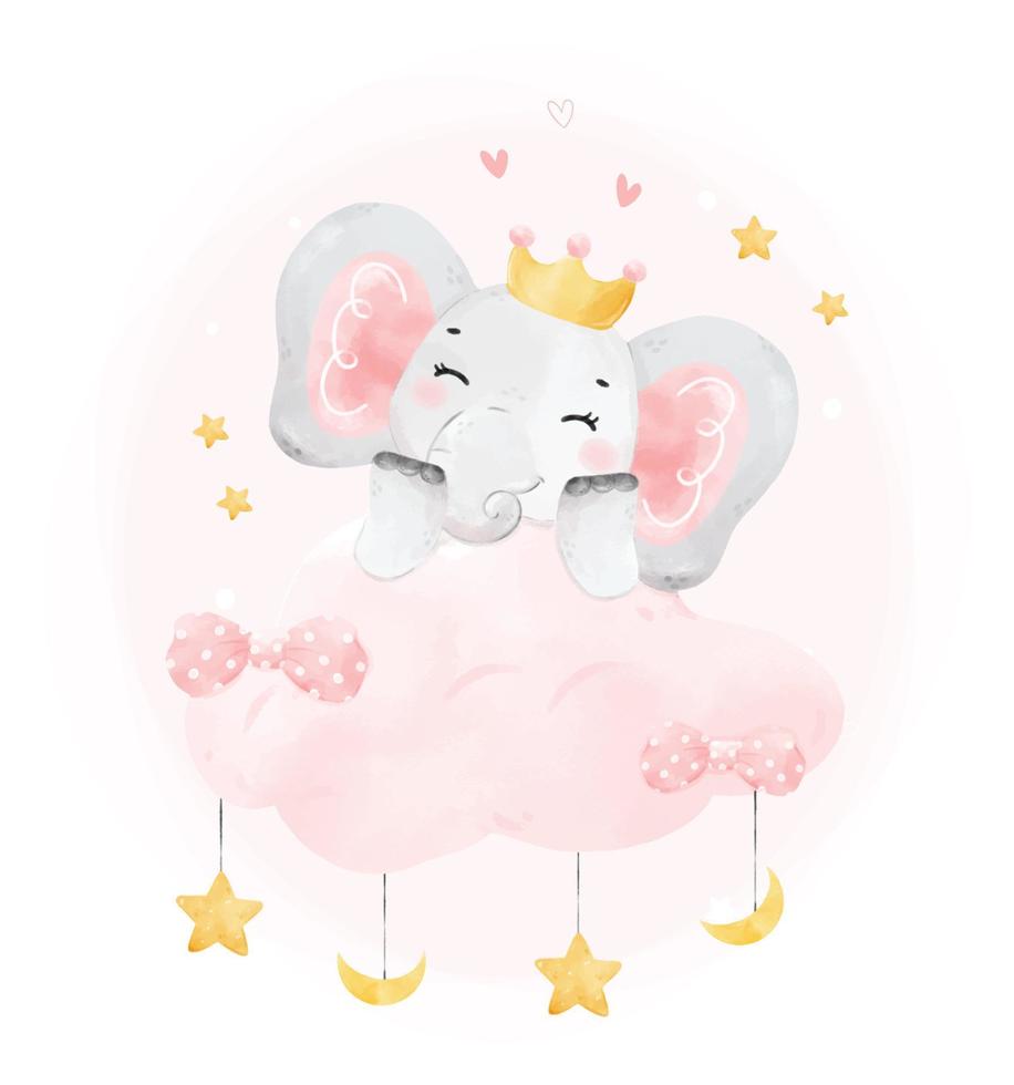 schattig gelukkig vrolijk glimlach baby roze olifant meisje Aan nacht roze wolk, aanbiddelijk kinderkamer verjaardag dieren in het wild dier aquarel tekenfilm illustratie vector