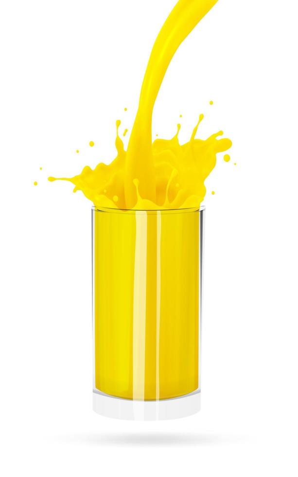 glas van oranje sap, geklater oranje spatten van verf, 3d realistisch vector illustratie