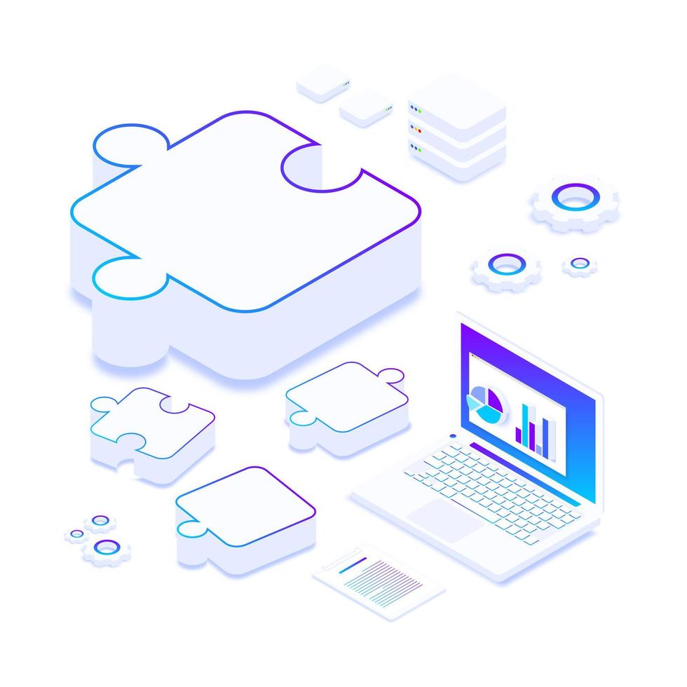 team, samenspel en partnerschap.vector illustratie mensen zijn werken Aan een bedrijf project.de concept van mensen puzzels, een geheel.a persoon werken Bij een computer in de kantoor verloofd in analyse. vector