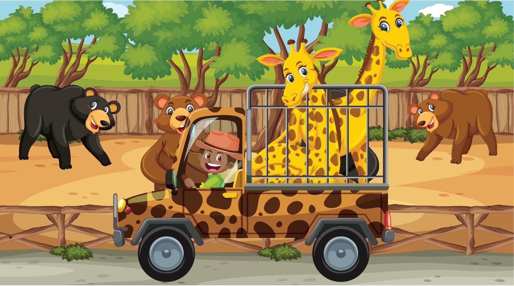 safariscène met veel beren en giraffen in de kooiauto vector