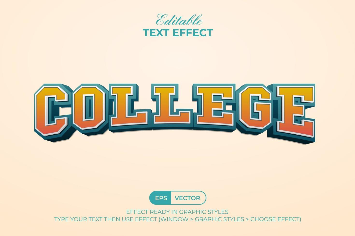 college tekst effect 3d gebogen stijl. bewerkbare tekst effect. vector