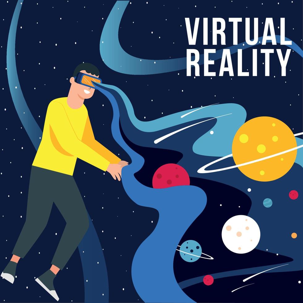 mannetje karakter drijvend Aan de universum virtueel realiteit vector illustratie