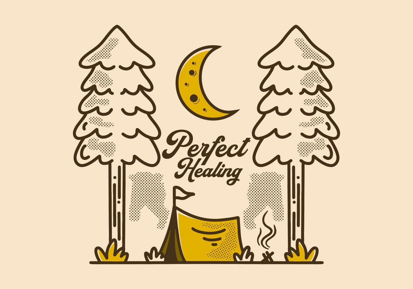 twee groot pijnboom bomen en camping tent in wijnoogst stijl tekening vector