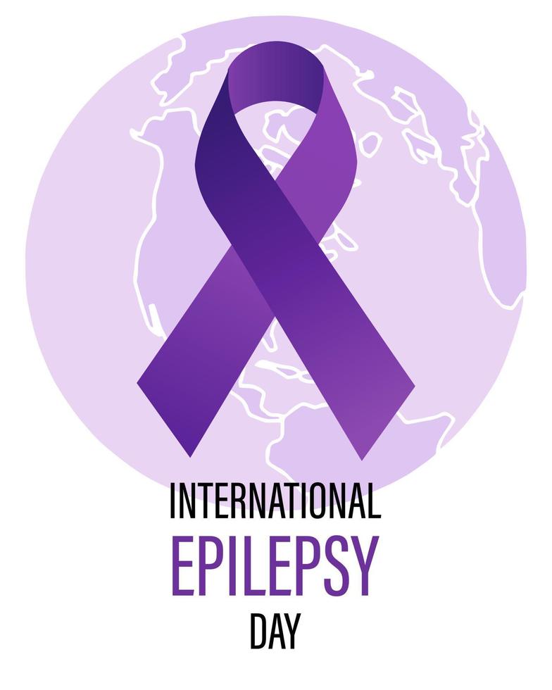 wereld epilepsie dag. Purper lint Aan de achtergrond van de wereld kaart. medisch gezondheidszorg concept. bewustzijn poster, banier, vector