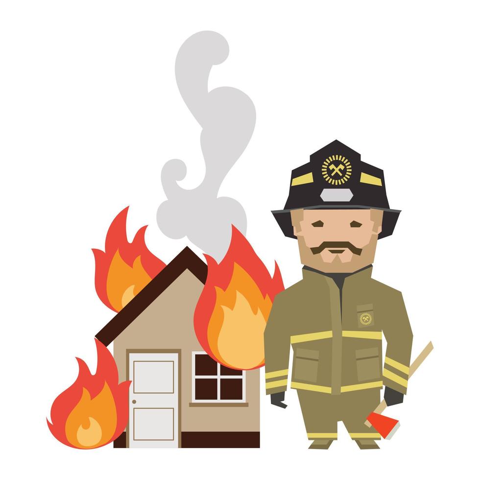 een mannetje brandweerman in uniform en een brandend huis. vlak stijl illustratie, vector