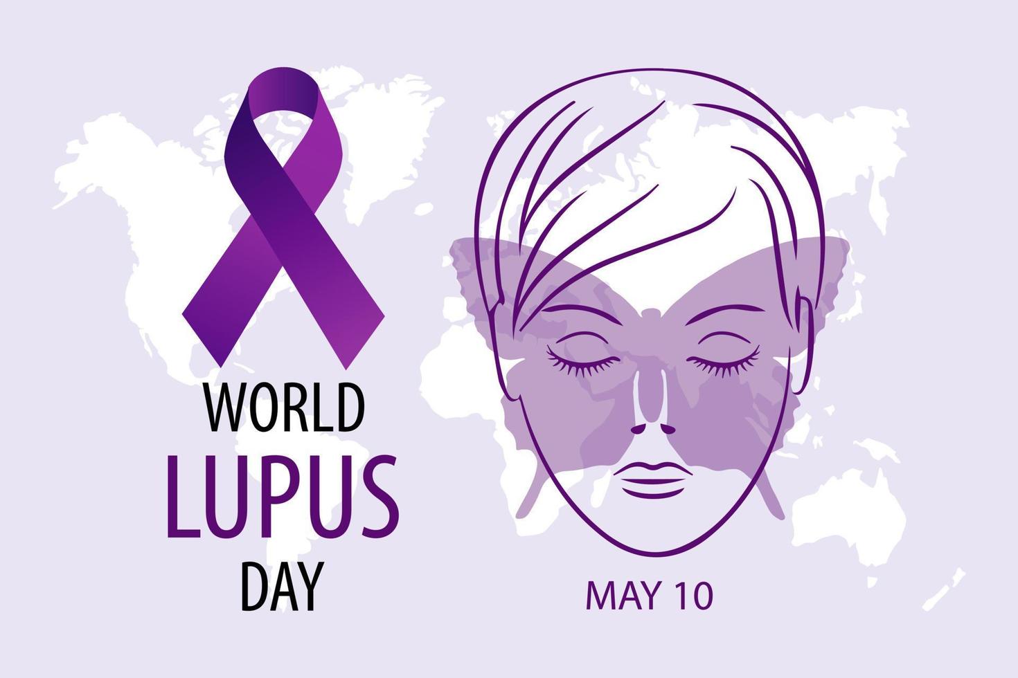 wereld lupus dag, mei 10, spandoek. vrouw gezicht met vlinder en Purper lintje. medisch poster, vector