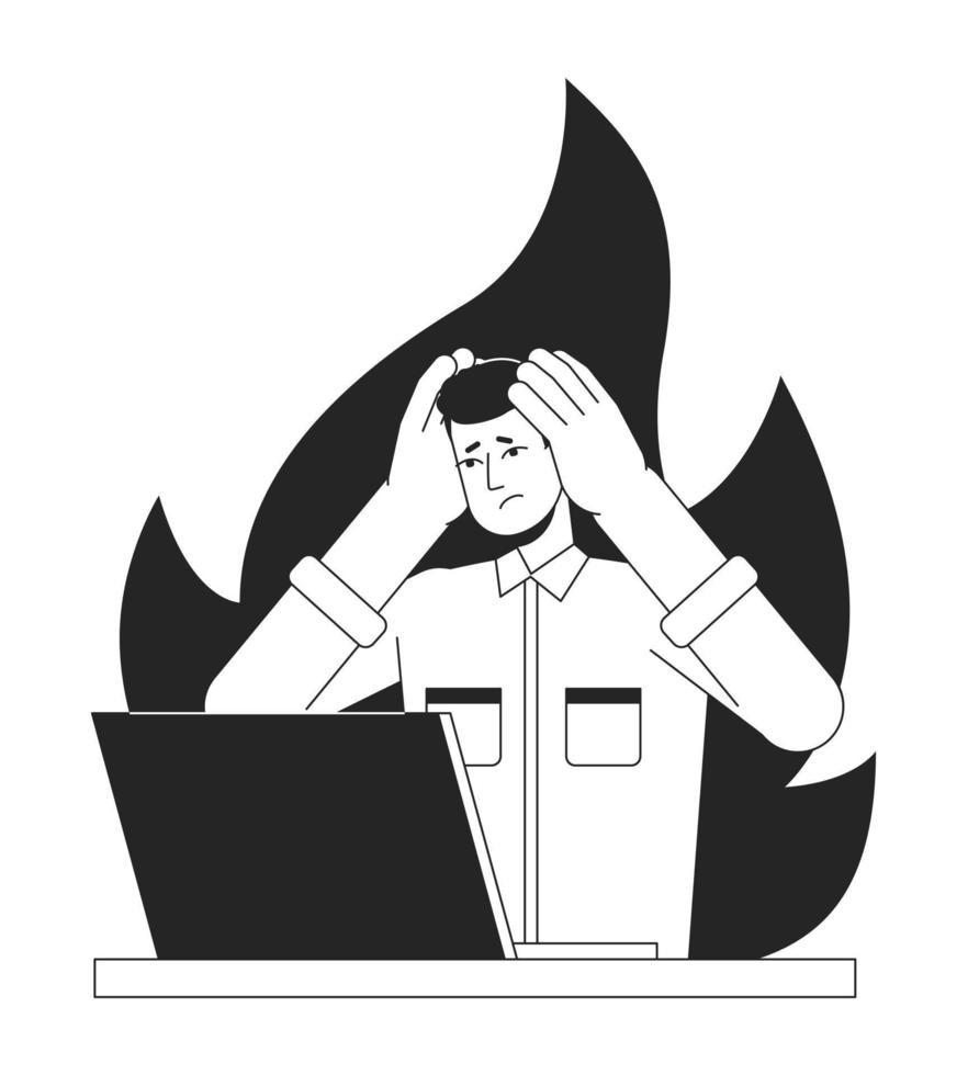 baan burn-out bw concept vector plek illustratie. benadrukt werknemer met laptop Bij werk 2d tekenfilm vlak lijn monochromatisch karakter voor web app ui ontwerp. uitputting bewerkbare schets held beeld