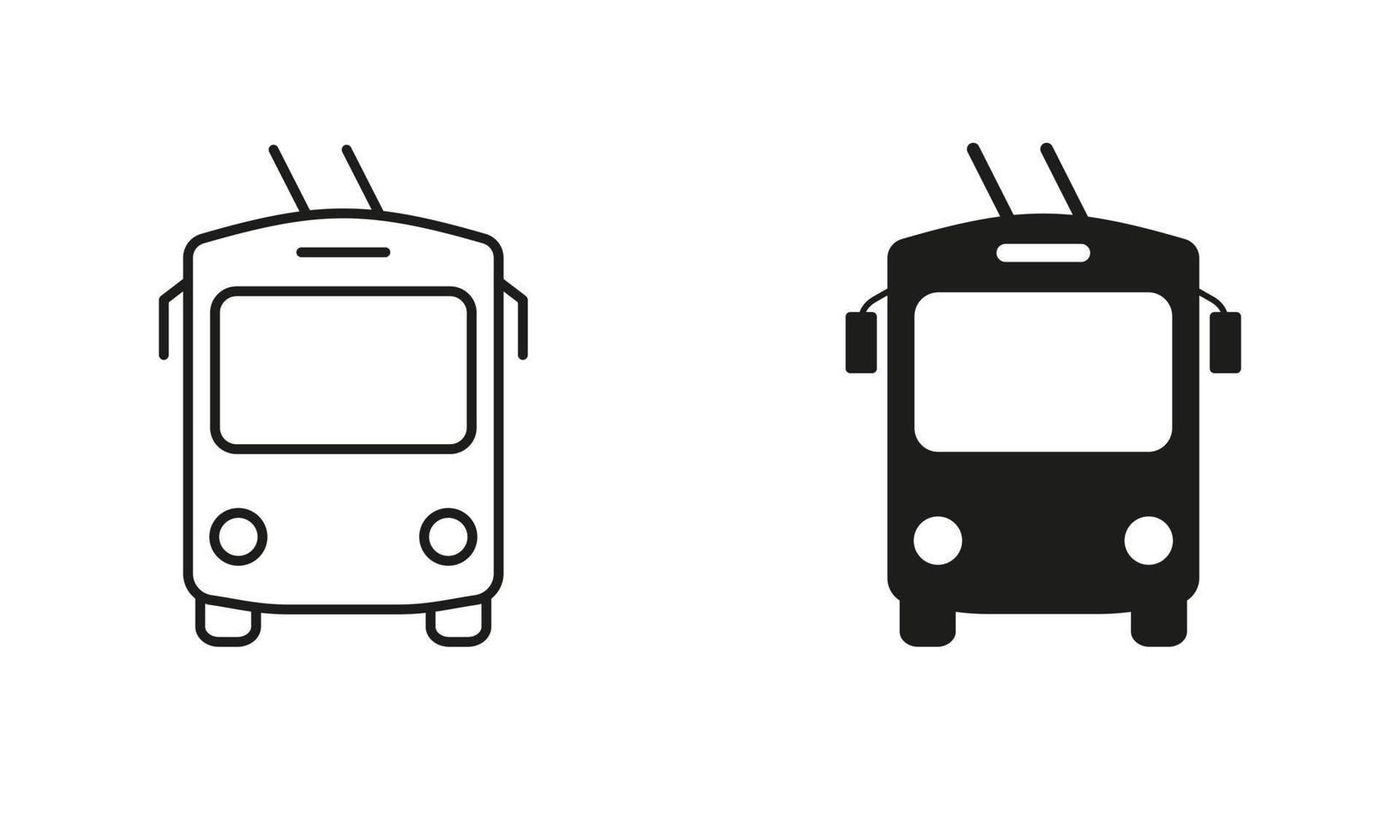 trolleybus lijn en silhouet zwart icoon set. trolley bus in voorkant visie pictogram. hou op station voor stad elektrisch openbaar vervoer schets en solide symbool verzameling. geïsoleerd vector illustratie.