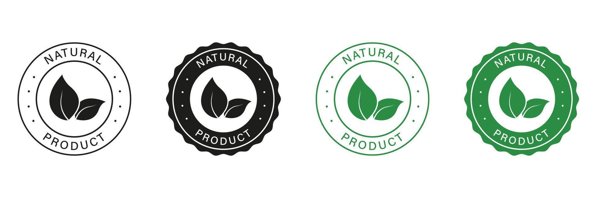 natuurlijk biologisch Product lijn en silhouet postzegel set. kwaliteit vers natuurlijk ingrediënten groen en zwart sticker. eco vriendelijk gezond voedsel label. gecertificeerd voedsel symbool. geïsoleerd vector illustratie.