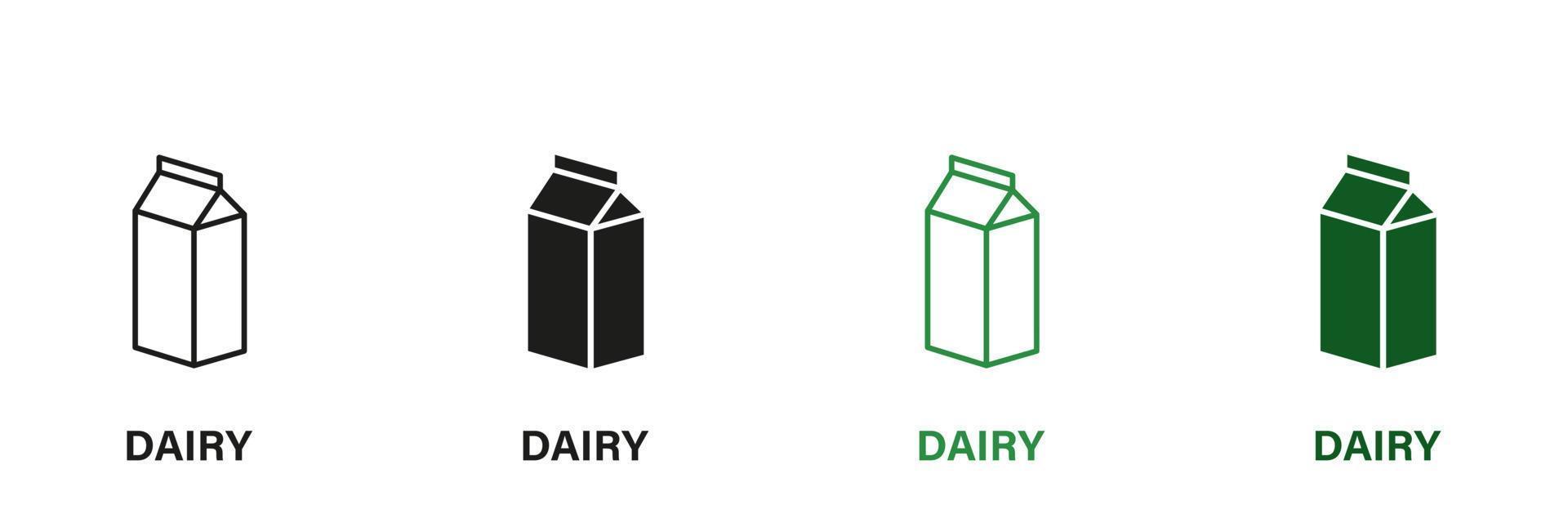 zuivel silhouet en lijn icoon set. zuivel teken, gezond voedsel. koe melk lactose symbool. vrij zuivel eetpatroon logo. lactose allergie ingrediënt zwart en groen symbool. geïsoleerd vector illustratie.