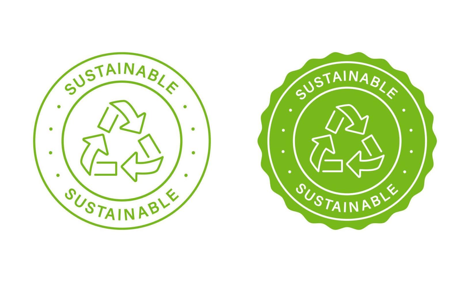 duurzame postzegel set. groen etiket voor duurzame natuurlijk energie. milieu stickers. pijl duurzame icoon. nul verspilling teken. zegel biologisch afbreekbaar voedsel. geïsoleerd vector illustratie.