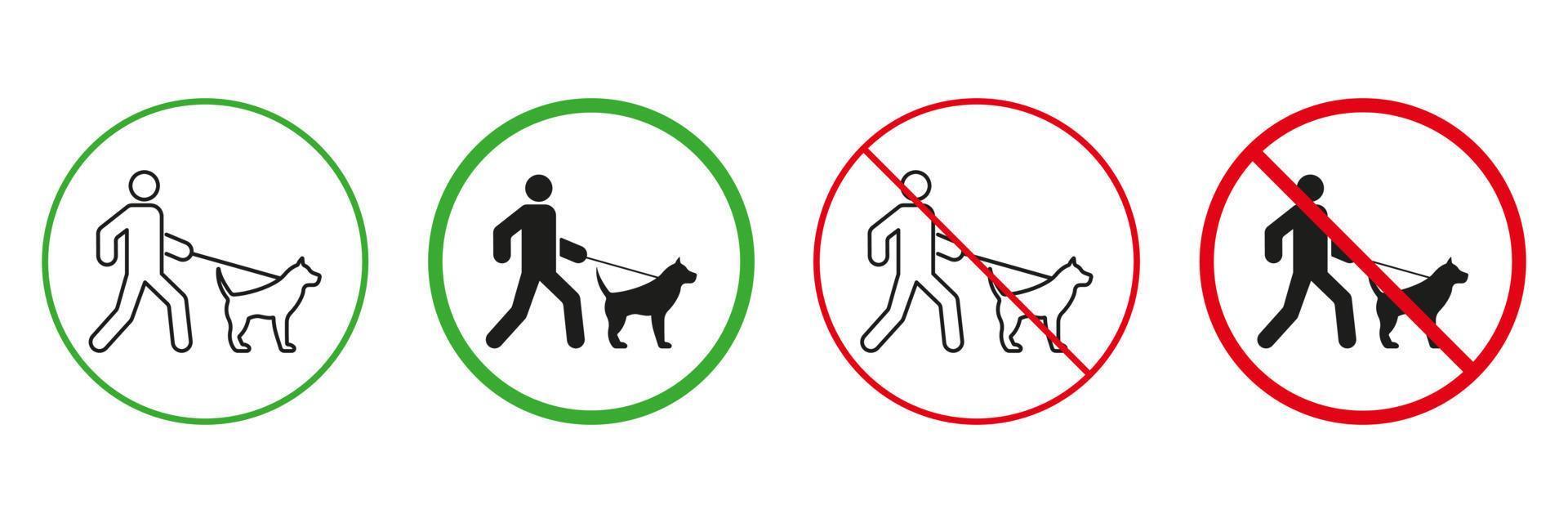 zone voor wandelen hond rood en groen waarschuwing tekens. mannetje en huisdier Aan riem wandelen lijn en silhouet pictogrammen set. toegestaan en verboden wandelen dier Oppervlakte pictogram. geïsoleerd vector illustratie.