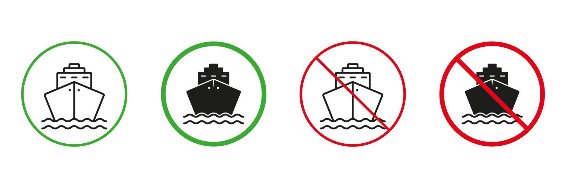 reis schip lijn en silhouet pictogrammen set. boot houder vervoer toestaan en niet toegestaan symbool verzameling. zee vervoer. lading marinier rood en groen weg tekens. geïsoleerd vector illustratie.