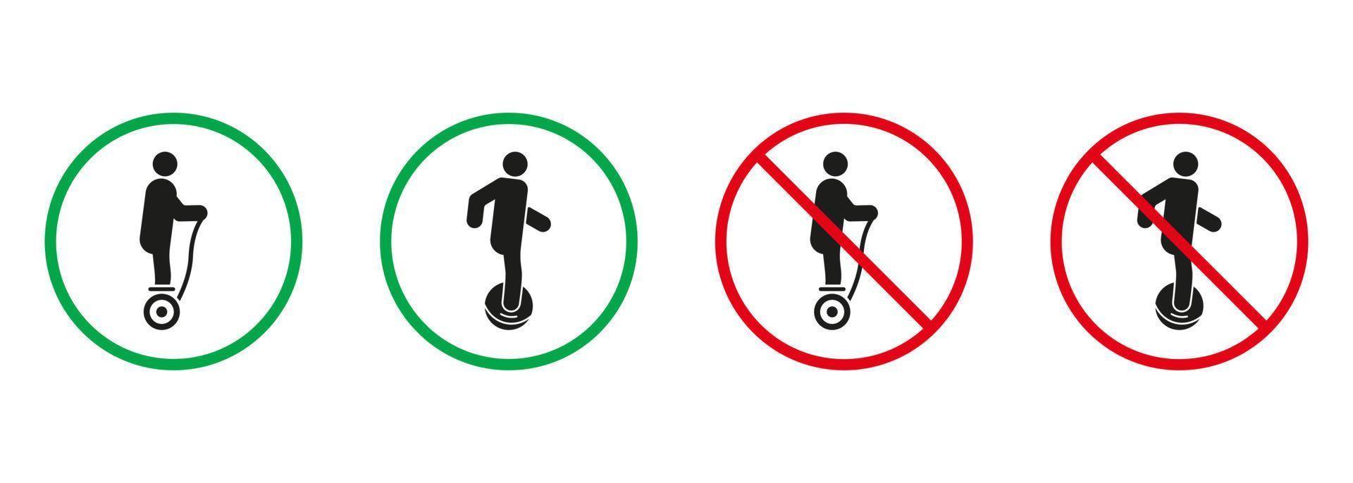 gyro scooter, monowiel silhouet pictogrammen set. toegestaan en verboden Gevaar vervoer pictogram. elektrisch eenwieler hoverboard gyroscooter rood en groen tekens. geïsoleerd vector illustratie.