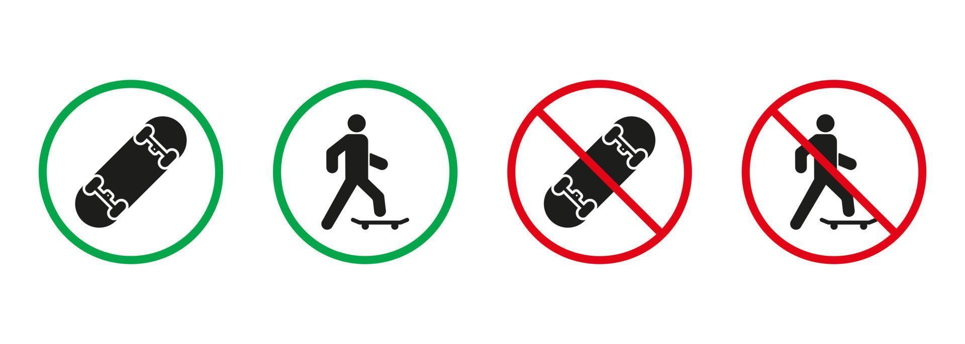 Mens Aan skateboard rood en groen tekens. persoon Aan vleet bord silhouet pictogrammen set. toegestaan en verboden binnenkomst met eco vervoer pictogram. geïsoleerd vector illustratie.