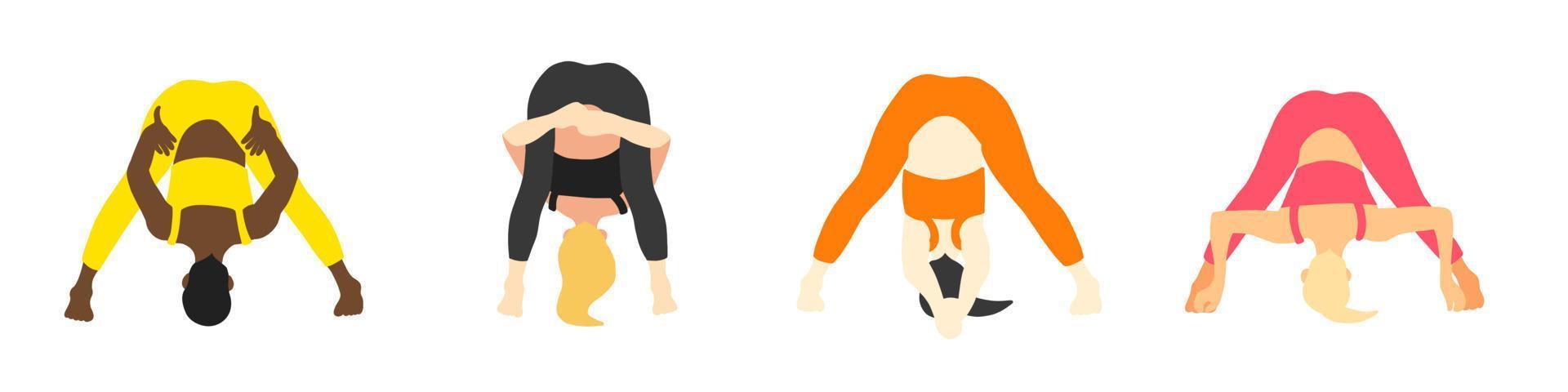 flexibiliteit yoga poses verzameling. Europese, Afrikaanse, Aziatisch vrouw, dame, vrouw, meisje. pilates, mentaal Gezondheid, opleiding, Sportschool. vector illustratie in tekenfilm vlak stijl geïsoleerd Aan wit achtergrond.