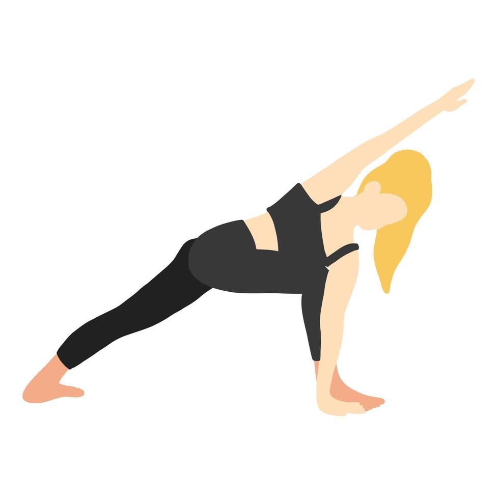 flexibiliteit yoga houding. Europese vrouw, dame, vrouw, meisje. lang blond haar. zwart trainingspak. pilates, opleiding. vector illustratie in tekenfilm vlak stijl geïsoleerd Aan wit achtergrond.