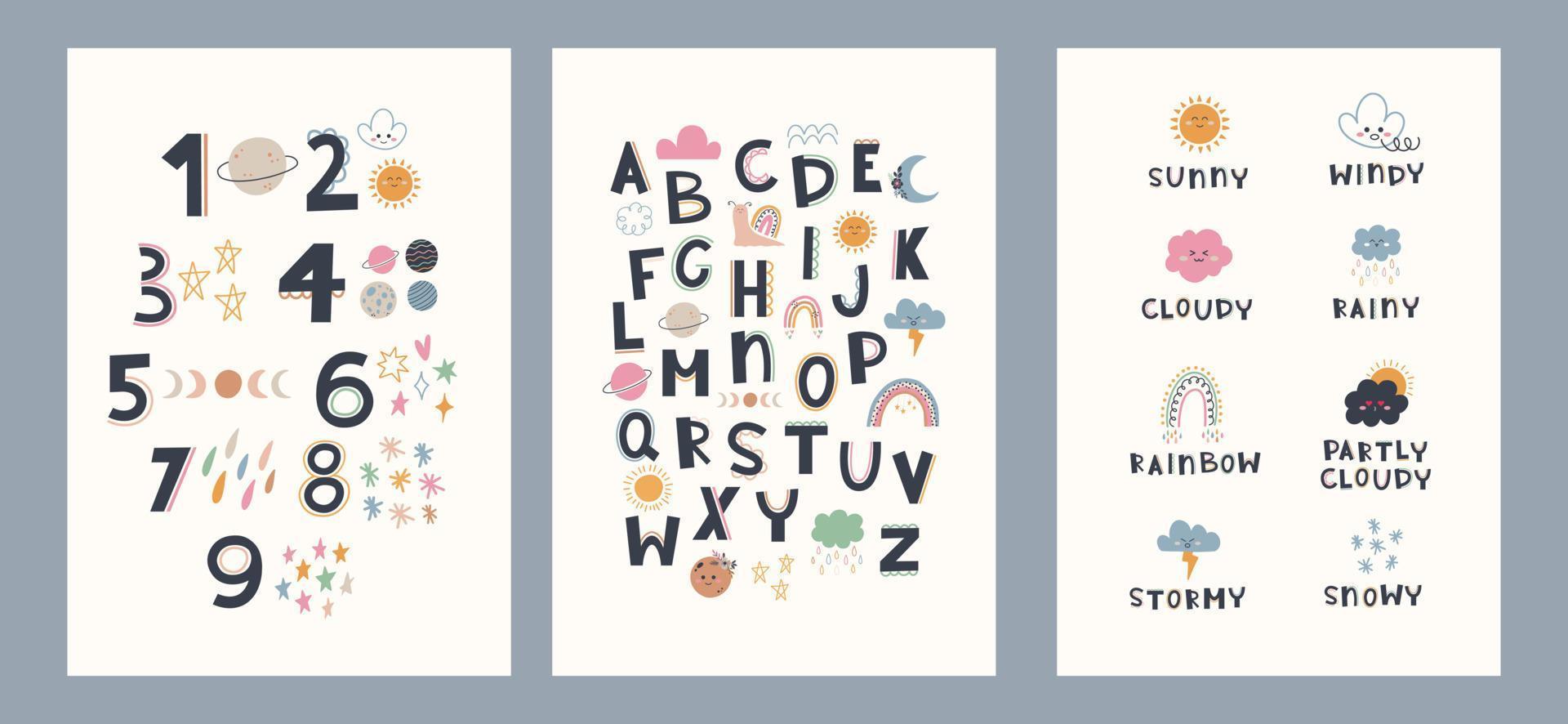 schattig hand- getrokken posters met regenboog, het weer, onderwijs elementen in boho stijl. tekenfilm tekening afdrukken met getallen en alfabet voor kinderkamer. ontwerp voor kaart, label, brochure, boek omslag, poster, folder vector