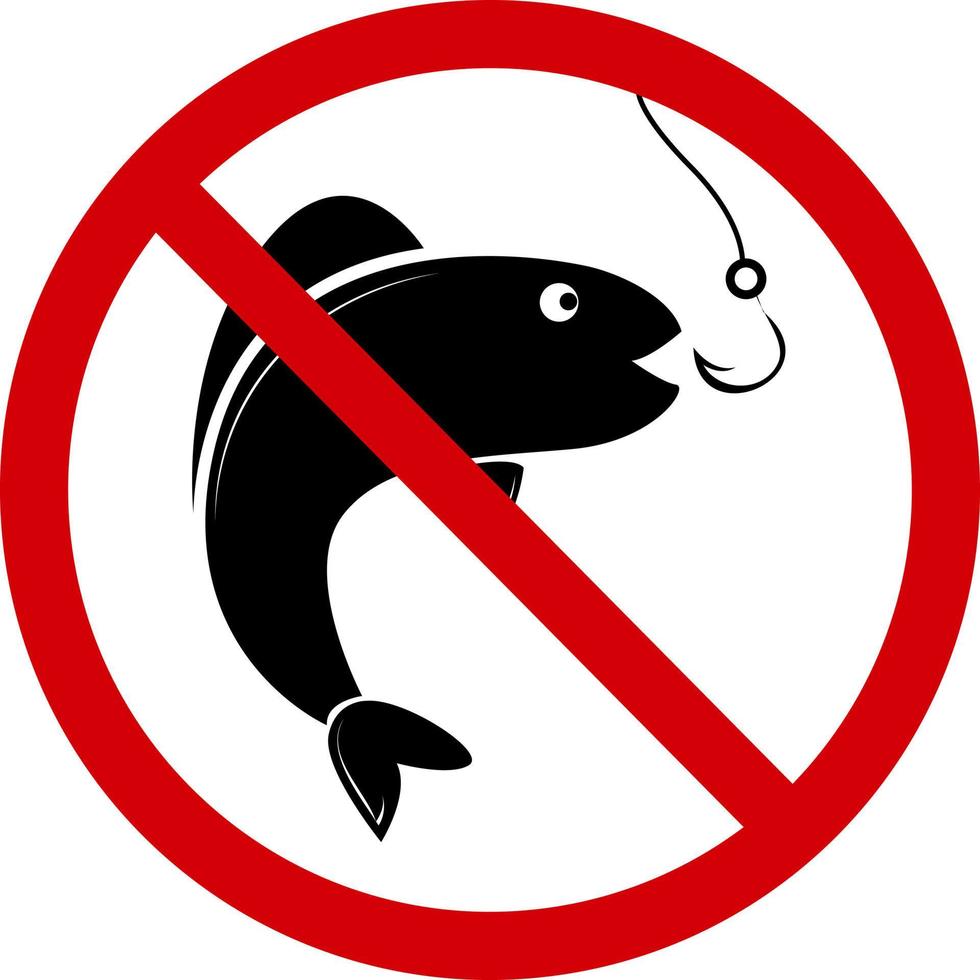 Nee visvangst teken. verbiedend teken, Doen niet vis. rood gekruiste cirkel met een silhouet van een vis en een haak binnen. visvangst is niet toegestaan. visvangst verbieden. ronde rood hou op visvangst teken. vector