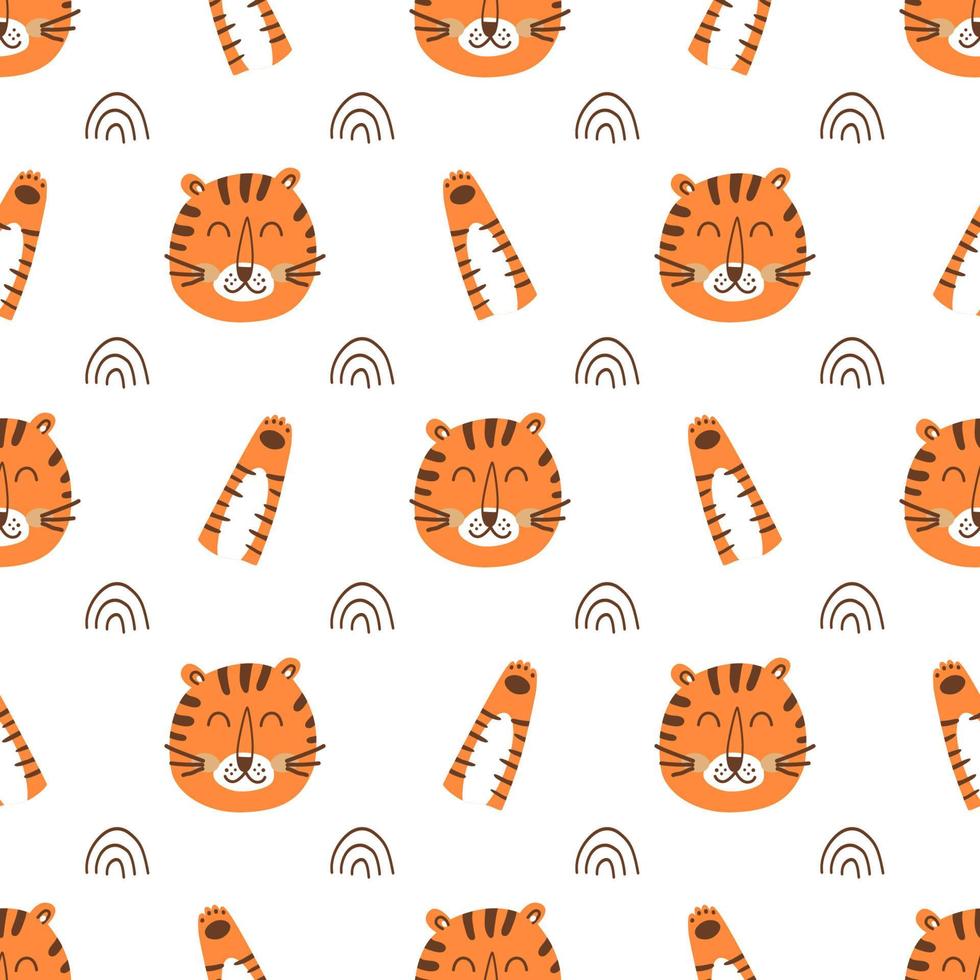 tijger gezicht patroon. tijger hoofd patroon. tekenfilm schattig tijger, wild kat poot achtergrond. wild kleding stof ontwerp, kinderen brullen behang, dierentuin katachtig afdrukken tijger naadloos patroon, dier gezicht. vector illustratie.