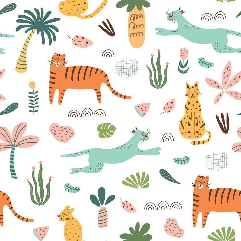 safari kinderen patroon. grappig oerwoud naadloos patroon. palm bomen, safari cactus tekening tekstje achtergrond. schattig kinderachtig kleding stof ontwerp. Afrikaanse tijger, luipaard, Jachtluipaard. hand- getrokken vector illustratie.