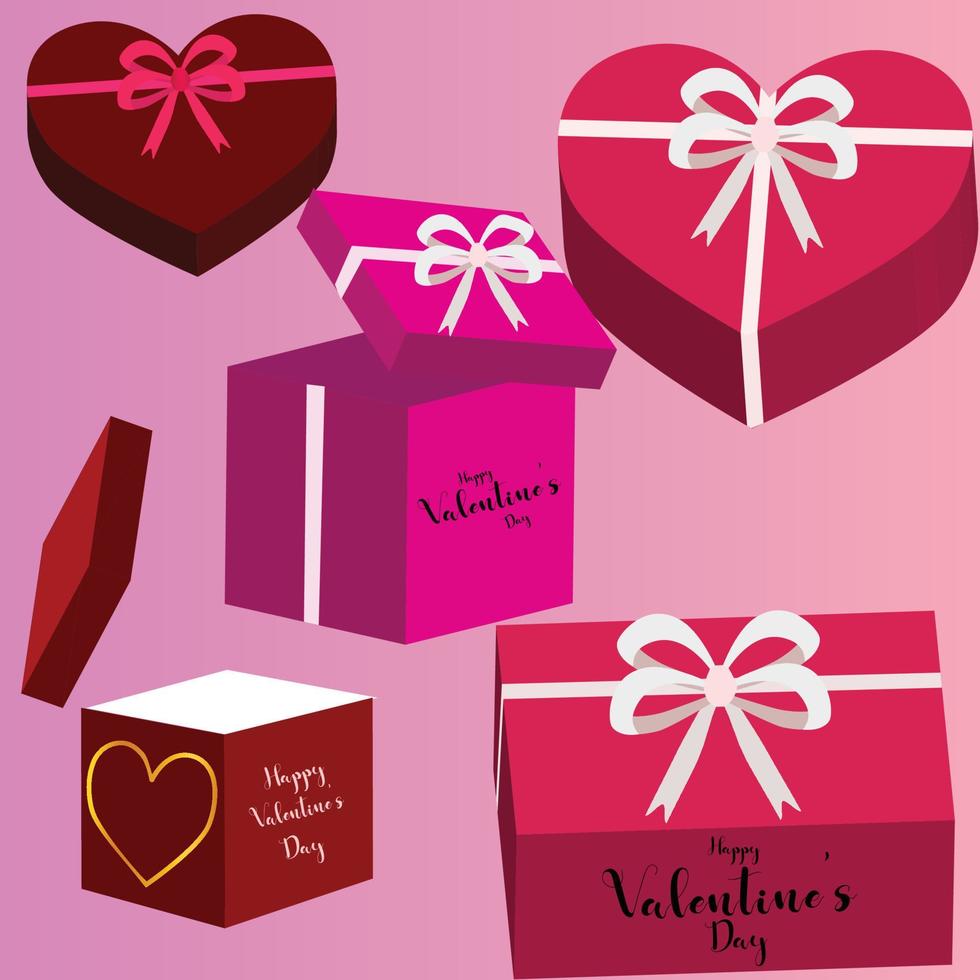 een reeks van geschenk dozen. een roze en rood doos met een hart vormig doos dat zegt gelukkig Valentijnsdag dag. hart vorm en plein vorm geschenk doos, Open en Gesloten geschenk doos, 3d geschenk doos vector