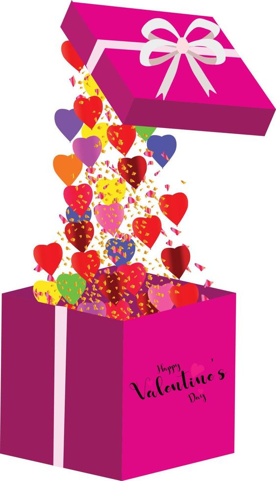 Open geschenk doos en vliegend ballonnen, liefde vector. een rood hartvormig doos bevat een gelukkig Valentijnsdag dag bericht. een geschenk doos met geschenk artikelen. gelukkig vader dag, gelukkig moeder dag. vector