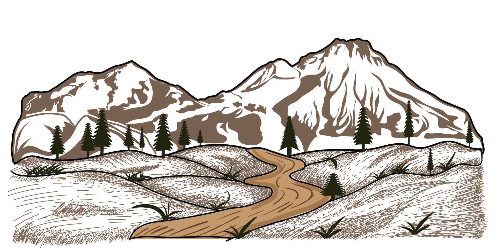 camping illustratie, berg landschap, schetsen stijl voor buitenshuis avontuur illustratie vector