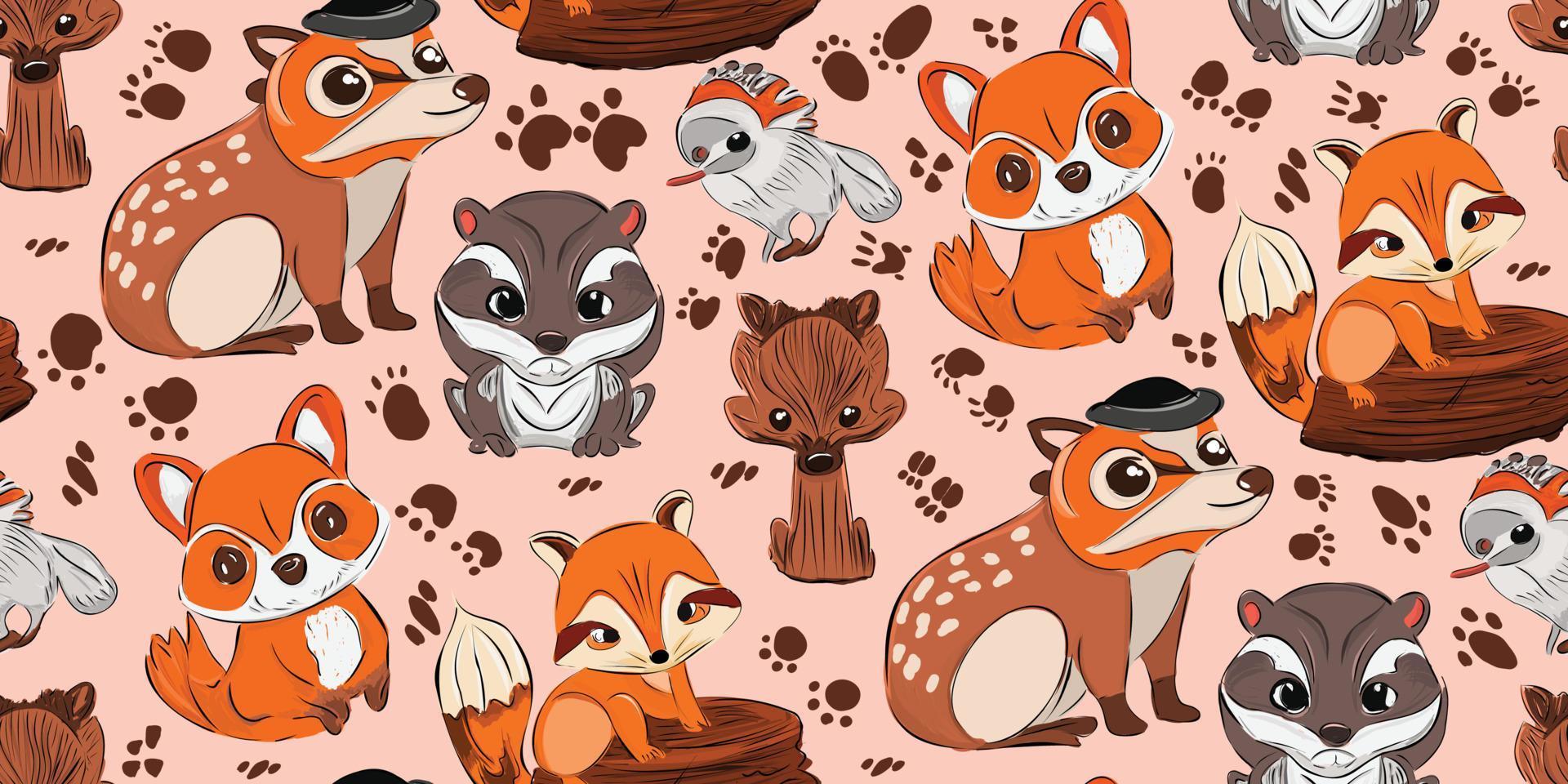 vector illustratie van schattig bos- Woud dieren inclusief een beer, hert, vos, wasbeer, egel, eekhoorn, en konijn naadloos patroon