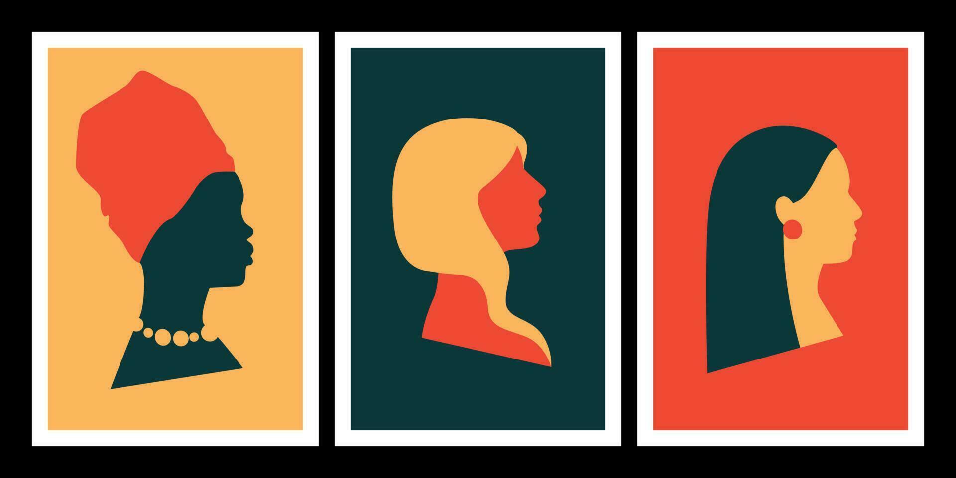 abstract boho posters set. minimaal retro muur kunst met vrouw profiel portret. gemakkelijk vormen silhouetten. naief etnisch vrouw hoofden. Dames Verbondenheid concept. vector illustratie.