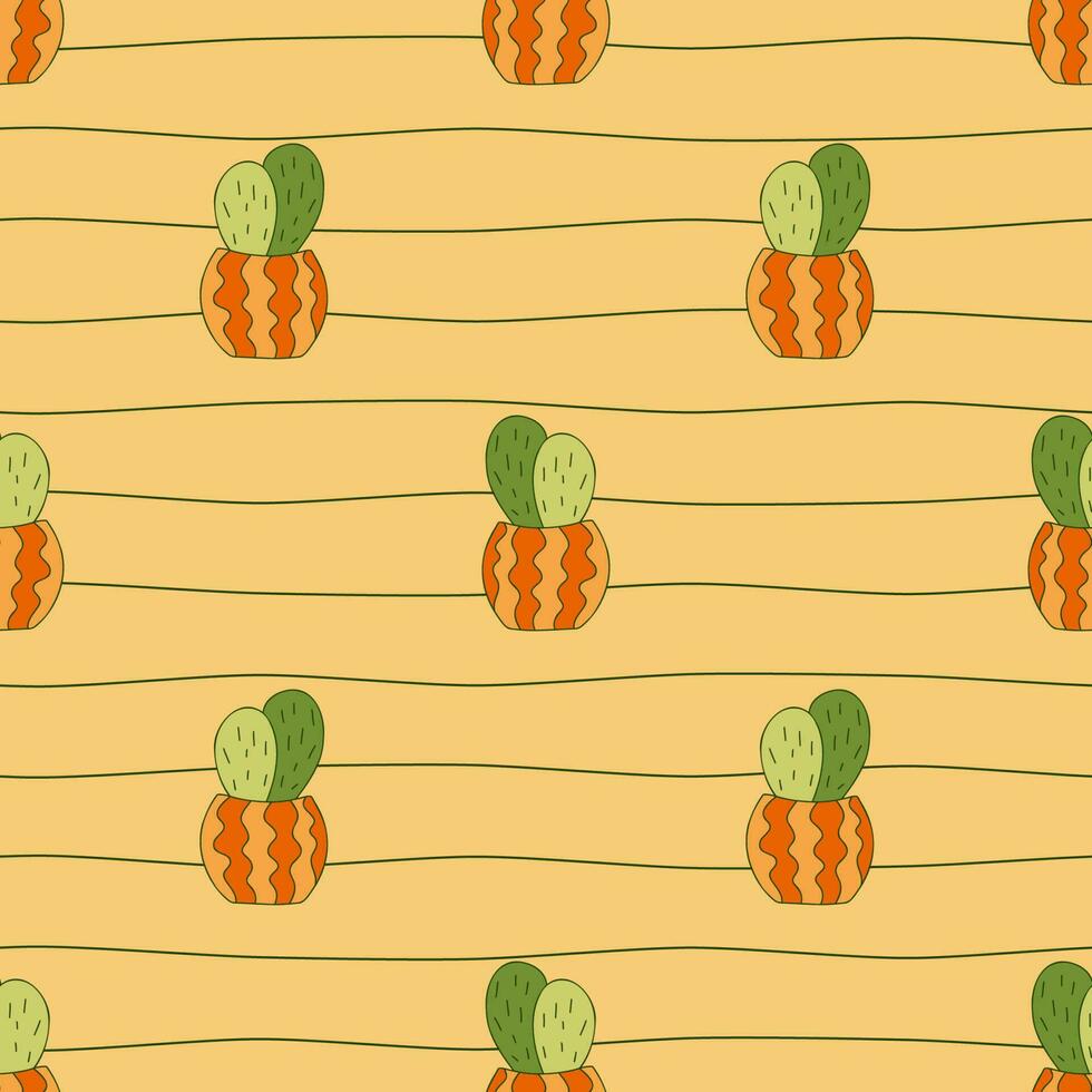 schattig cactussen in keramisch potten naadloos patroon. dun golvend lijnen achtergrond. knus tekening hand- getrokken huis planten afdrukken. perfect voor linnen decor huis textiel. vector illustratie.