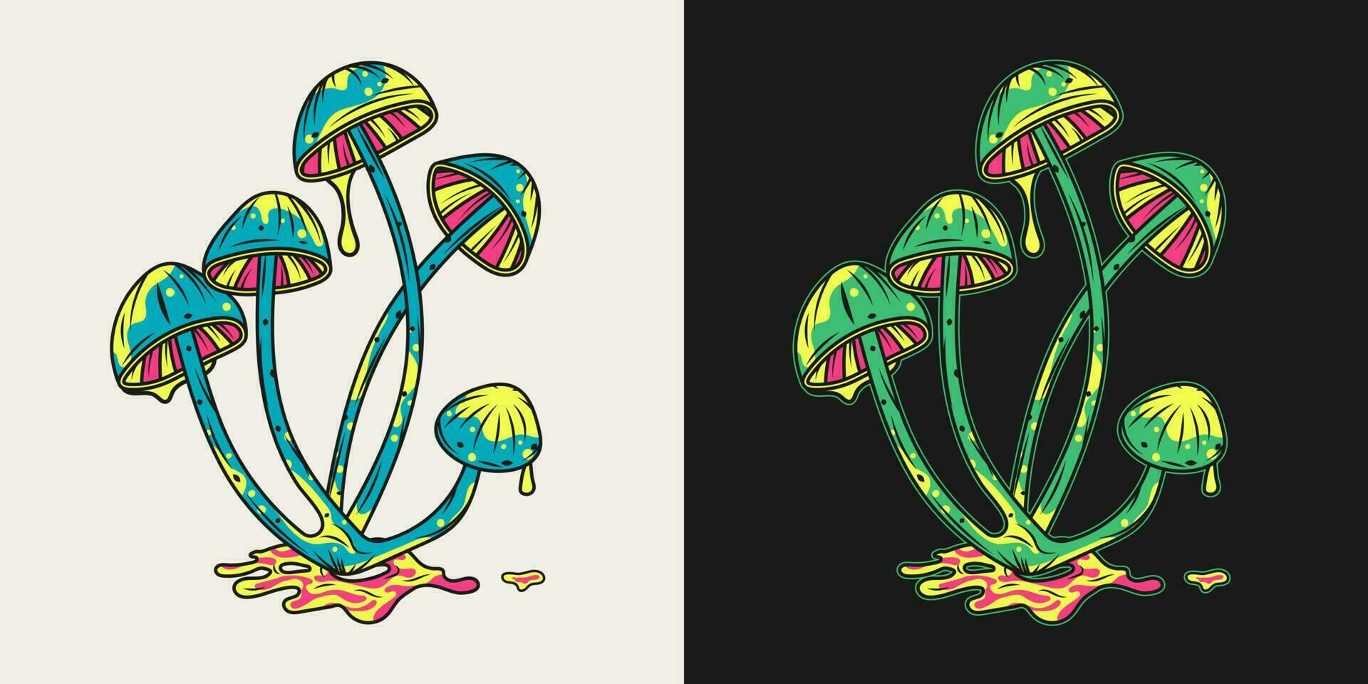 bundel van fantasie magie champignons met giftig druipend vloeistof. helder ongebruikelijk giftig schimmel. mooi zo voor hip, hippie, mystiek, sprookje stijl vector