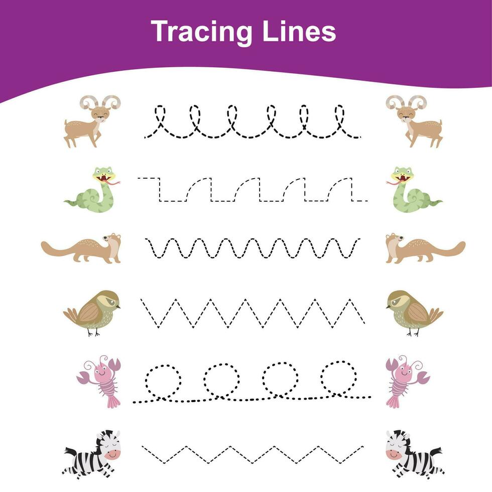 traceren lijnen spel dieren editie. leerzaam werkblad. werkblad werkzaamheid voor peuter- kinderen. peuter- onderwijs. vector illustratie.