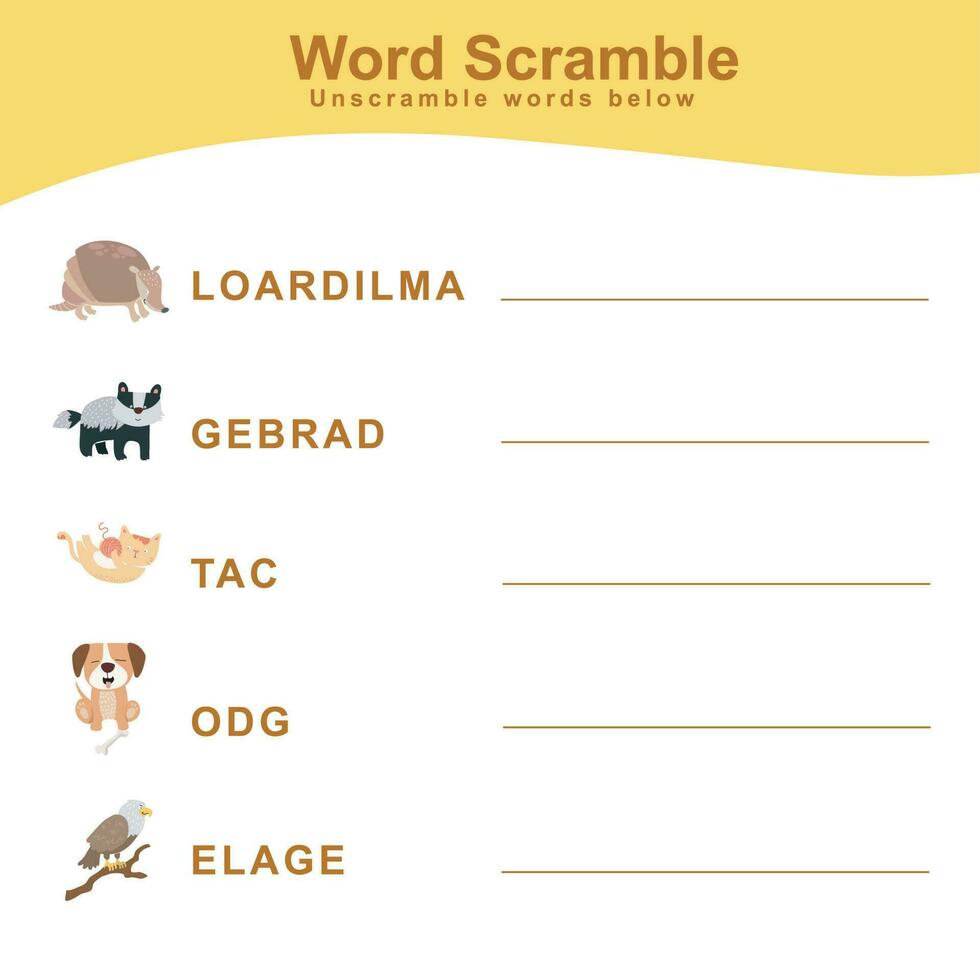 dieren spelling woord door elkaar haspelen. spelling woorden werkblad. leerzaam werkzaamheid voor peuter- kinderen. vector illustratie.