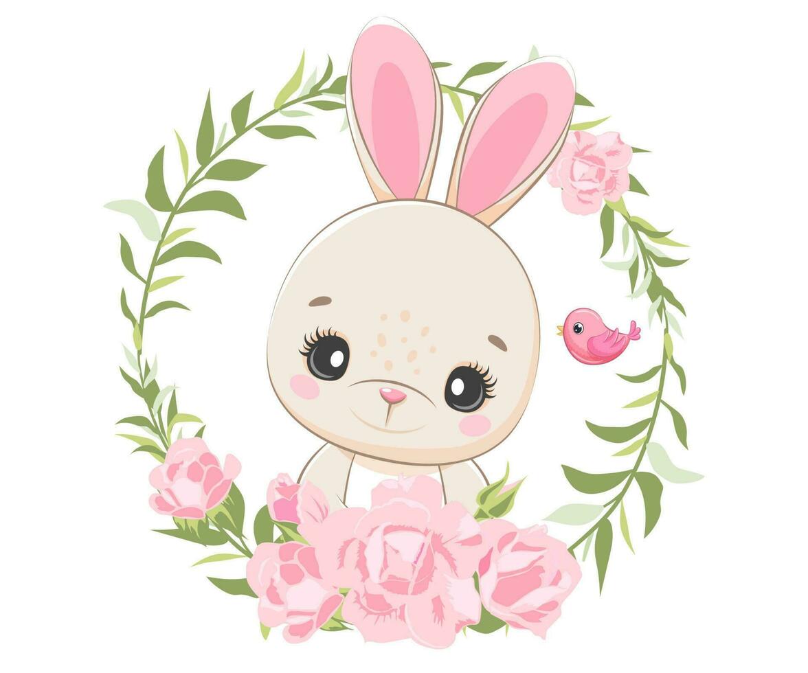 schattig banny met bloemen en een lauwerkrans. tekenfilm vector illustratie.