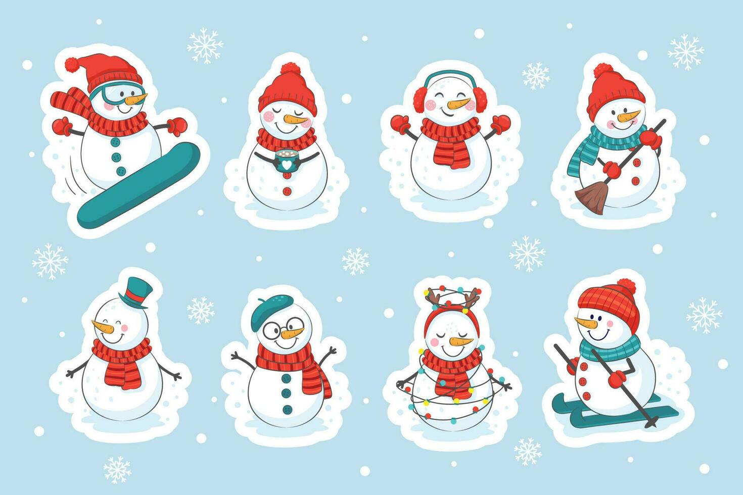 schattig Kerstmis sneeuwmannen vector illustraties set. winter buitenshuis werkzaamheid. vrolijk sneeuwmannen in verschillend kostuums.