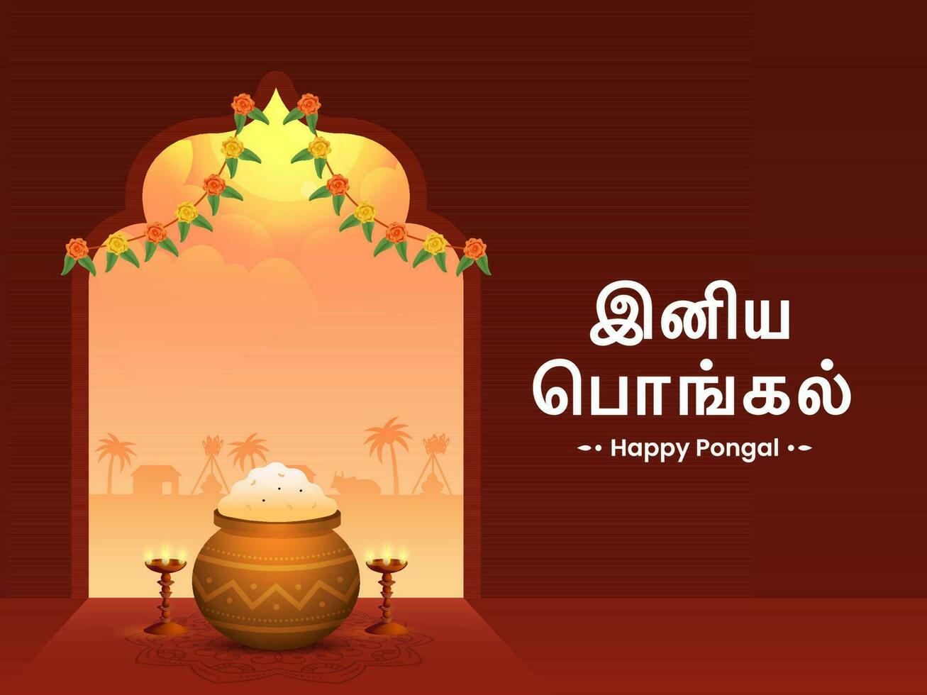 gelukkig pongal tekst geschreven in tamil taal met klei pot vol van traditioneel gerecht, lit olie lamp staan en Toran versierd rood achtergrond. vector