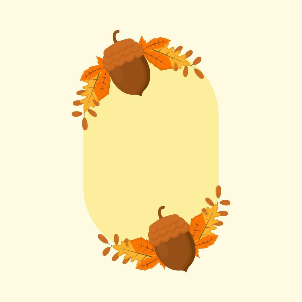 vlak illustratie van eikels met herfst bladeren decoratief ovaal geel kader en kopiëren ruimte. vector