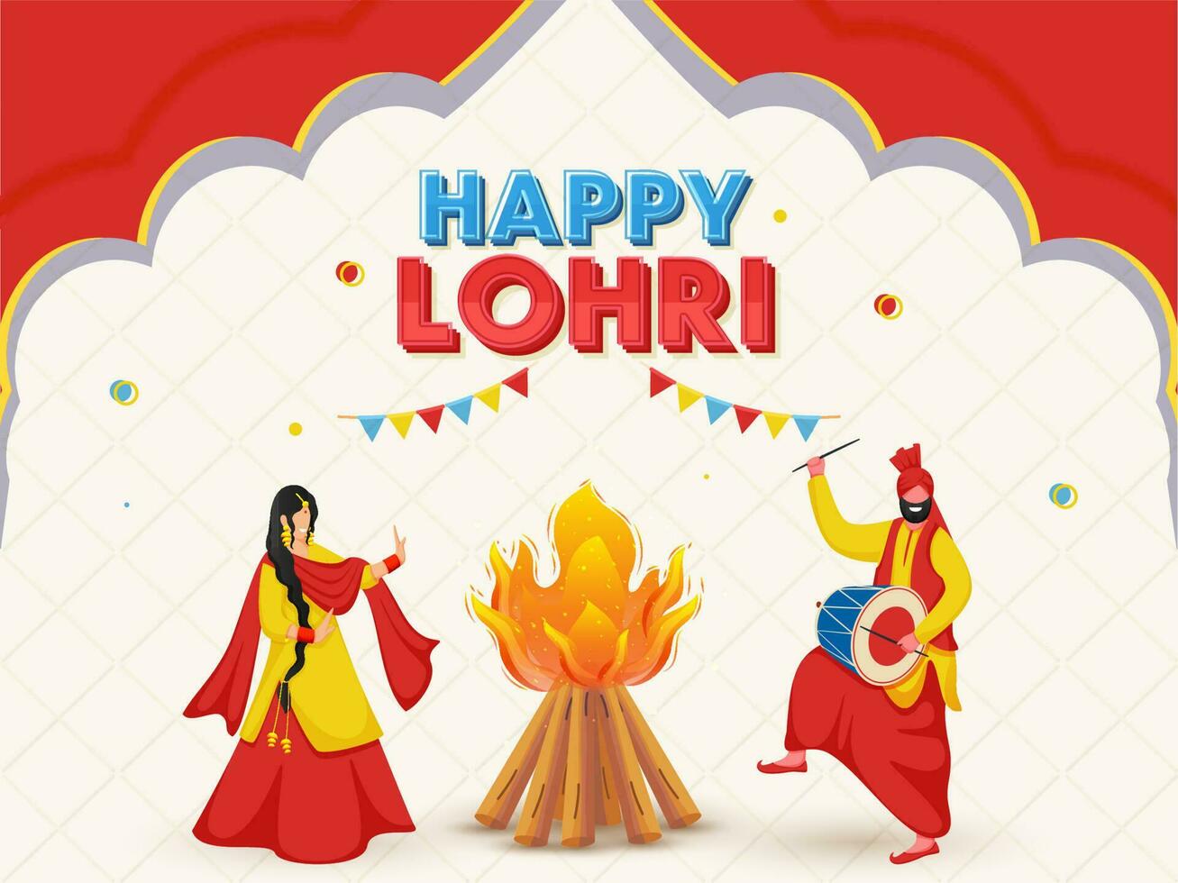 Punjabi vrouw aan het doen bhangra met Mens spelen dhol, vreugdevuur illustratie Aan rood en wit kris kruis patroon achtergrond voor gelukkig lohri concept. vector