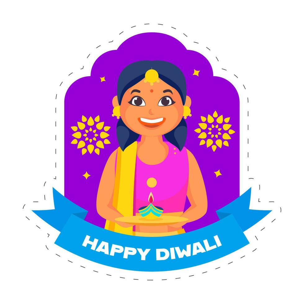 gelukkig diwali viering concept met vrolijk meisje Holding lit olie lamp Aan Purper en wit achtergrond. vector