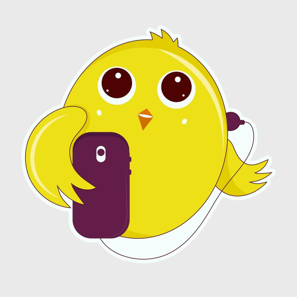 sticker stijl schattig geel vogel oortelefoon vervelend met smartphone Aan grijs achtergrond. vector