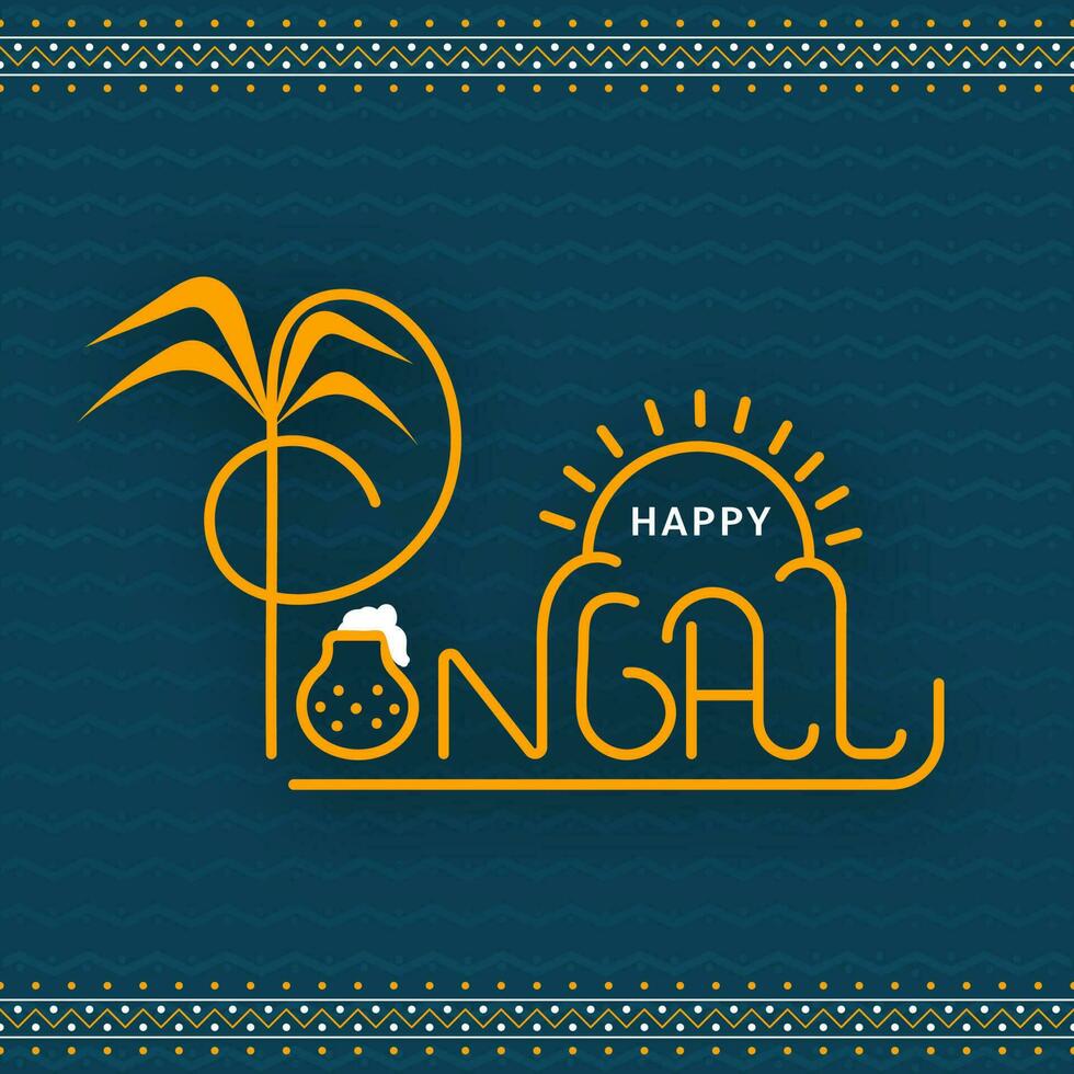 elegant gelukkig pongal doopvont met traditioneel schotel in klei pot, zon tegen blauw zigzag lijn patroon achtergrond. vector