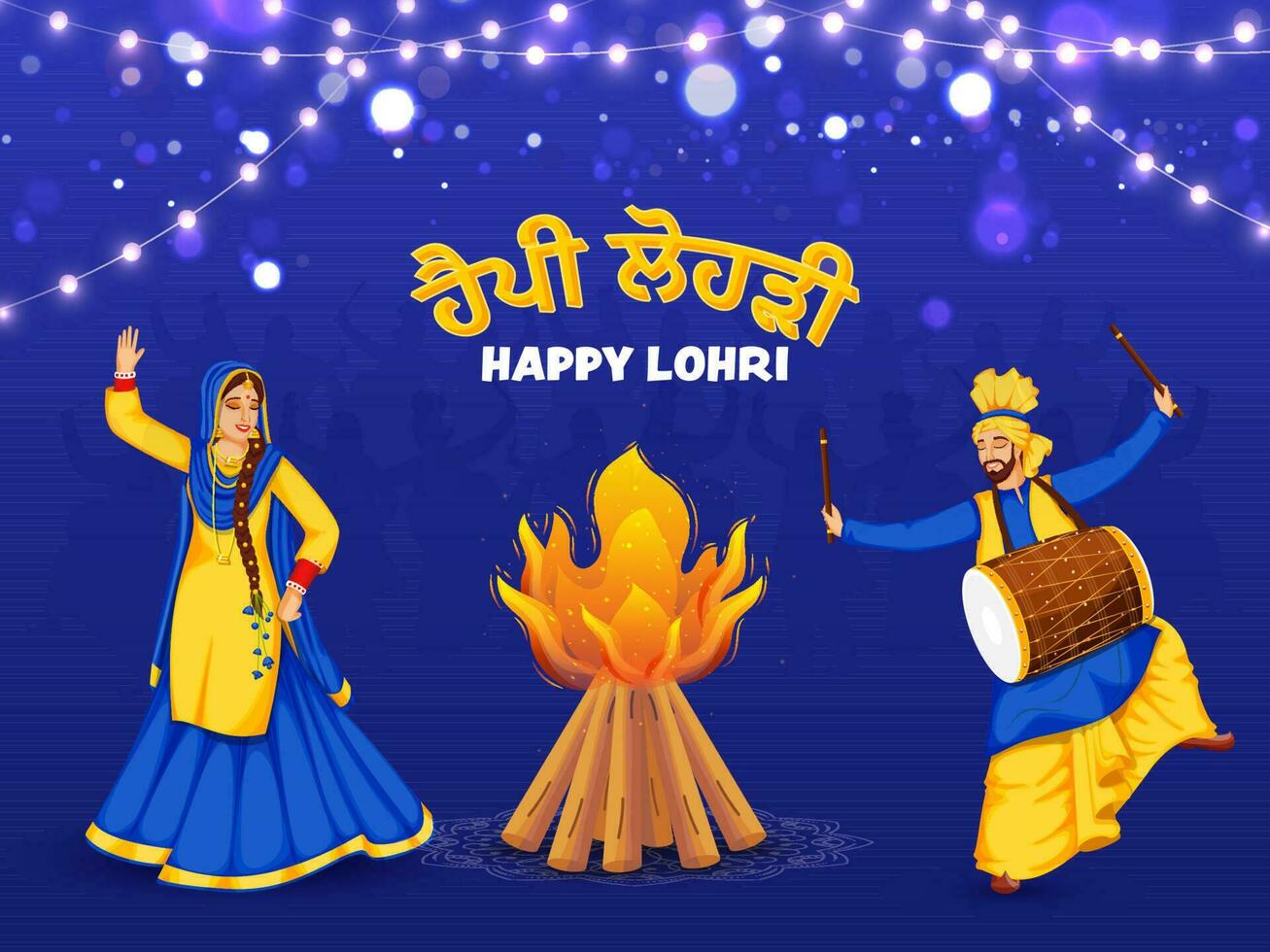 Punjabi paar het uitvoeren van bhangra dans met dhol instrument, vreugdevuur illustratie en verlichting slinger Aan blauw bokeh achtergrond voor gelukkig lohri concept. vector