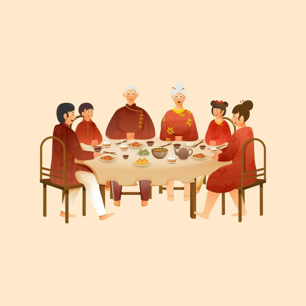 portret van multi generatie Chinese familie aan het eten maaltijd samen Aan pastel perzik achtergrond. vector