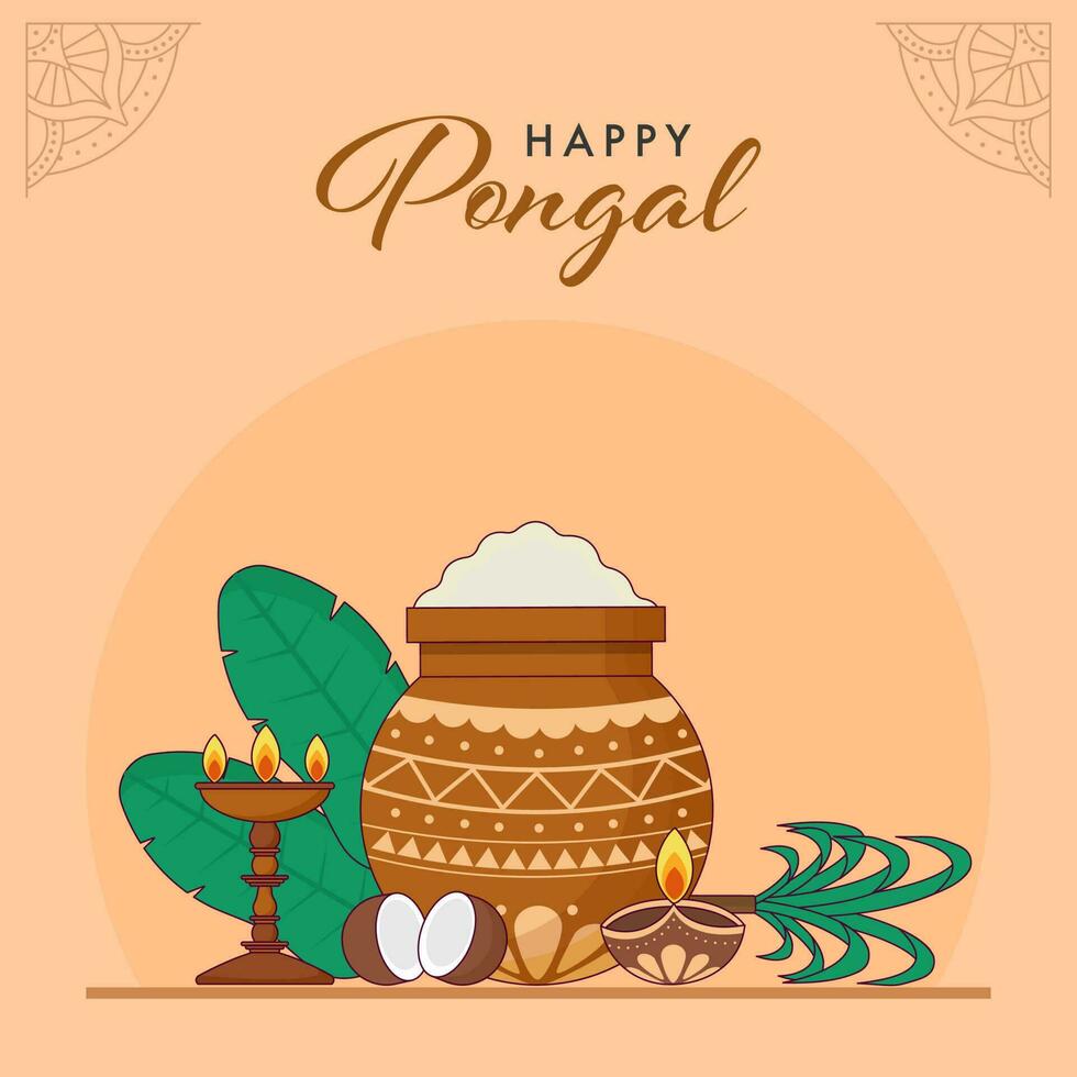 gelukkig pongal viering concept met traditioneel schotel in klei pot, lit olie lamp, kokosnoot, banaan bladeren en suikerstok Aan oranje achtergrond. vector