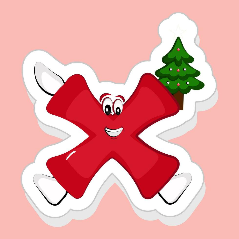 sticker stijl rood X alfabet tekenfilm karakter Holding Kerstmis boom Aan roze achtergrond. vector