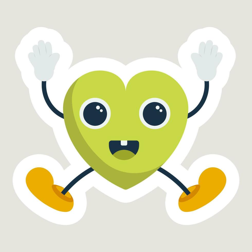 sticker van schattig jumping hart tekenfilm in groen en geel kleur. vector